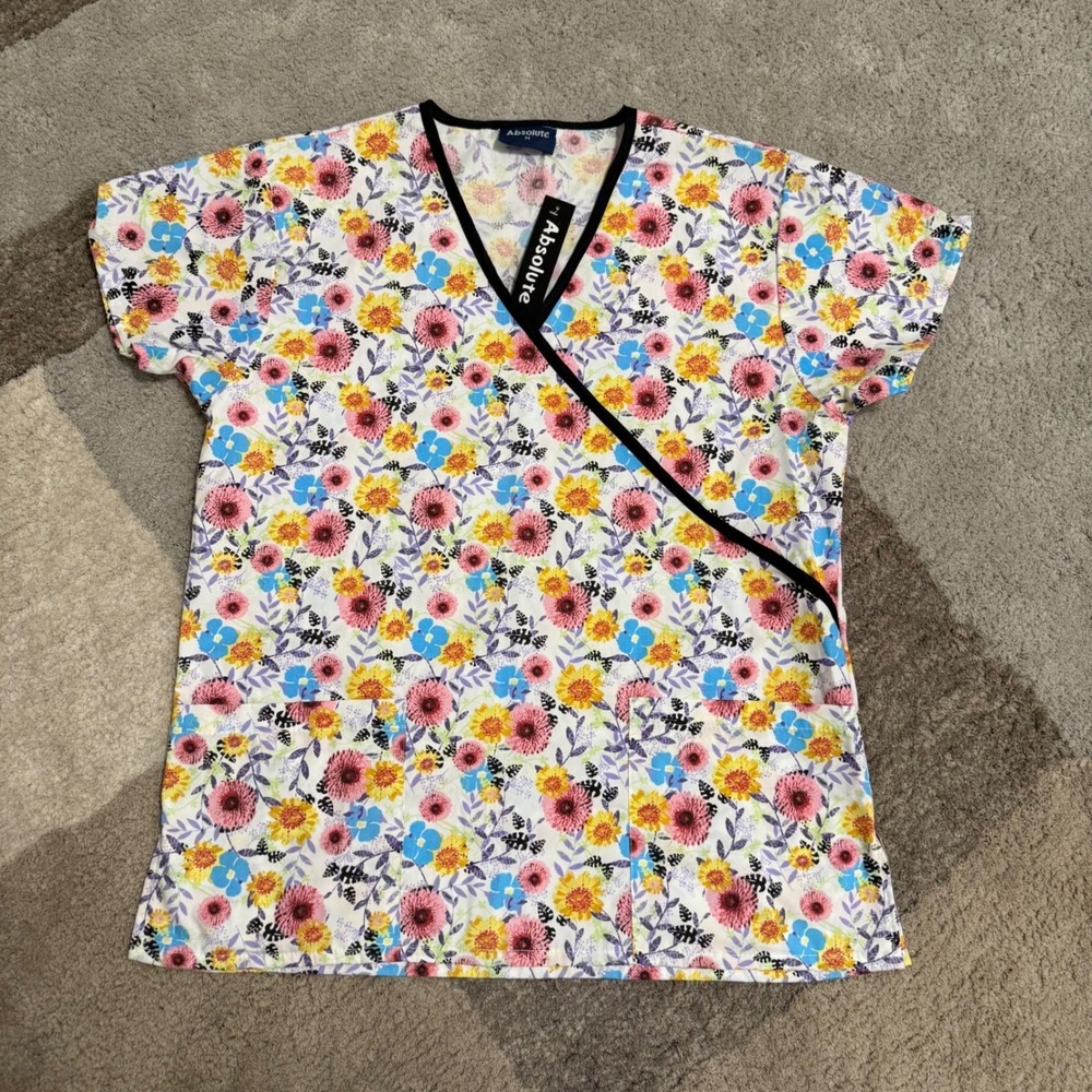 Absolute Floral Scrub Top Women Medium Mock Wrap VNeck Medical Nursing Pink Blue